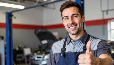 Smiling mechanic giving a thumbs up in a car repair shop.