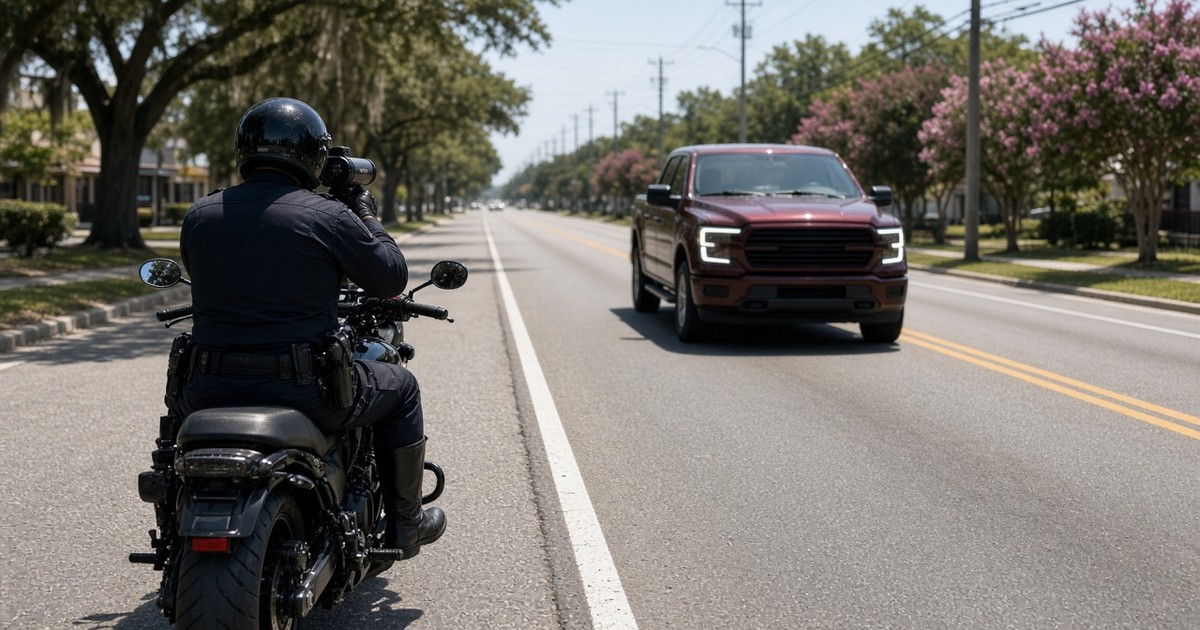 Motorcycle officer checking speed with radar as a pickup truck approaches in Bossier City